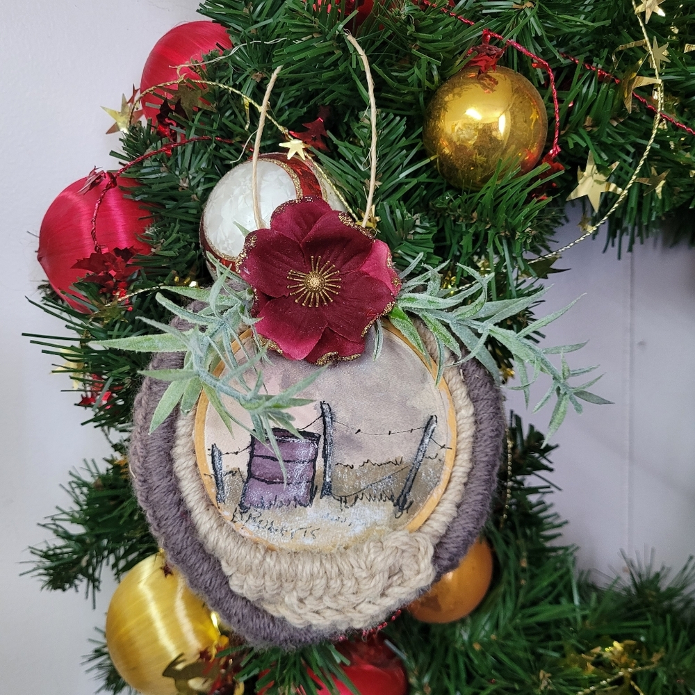 Christmas Ornament Hand Painted Macrame Upcycled